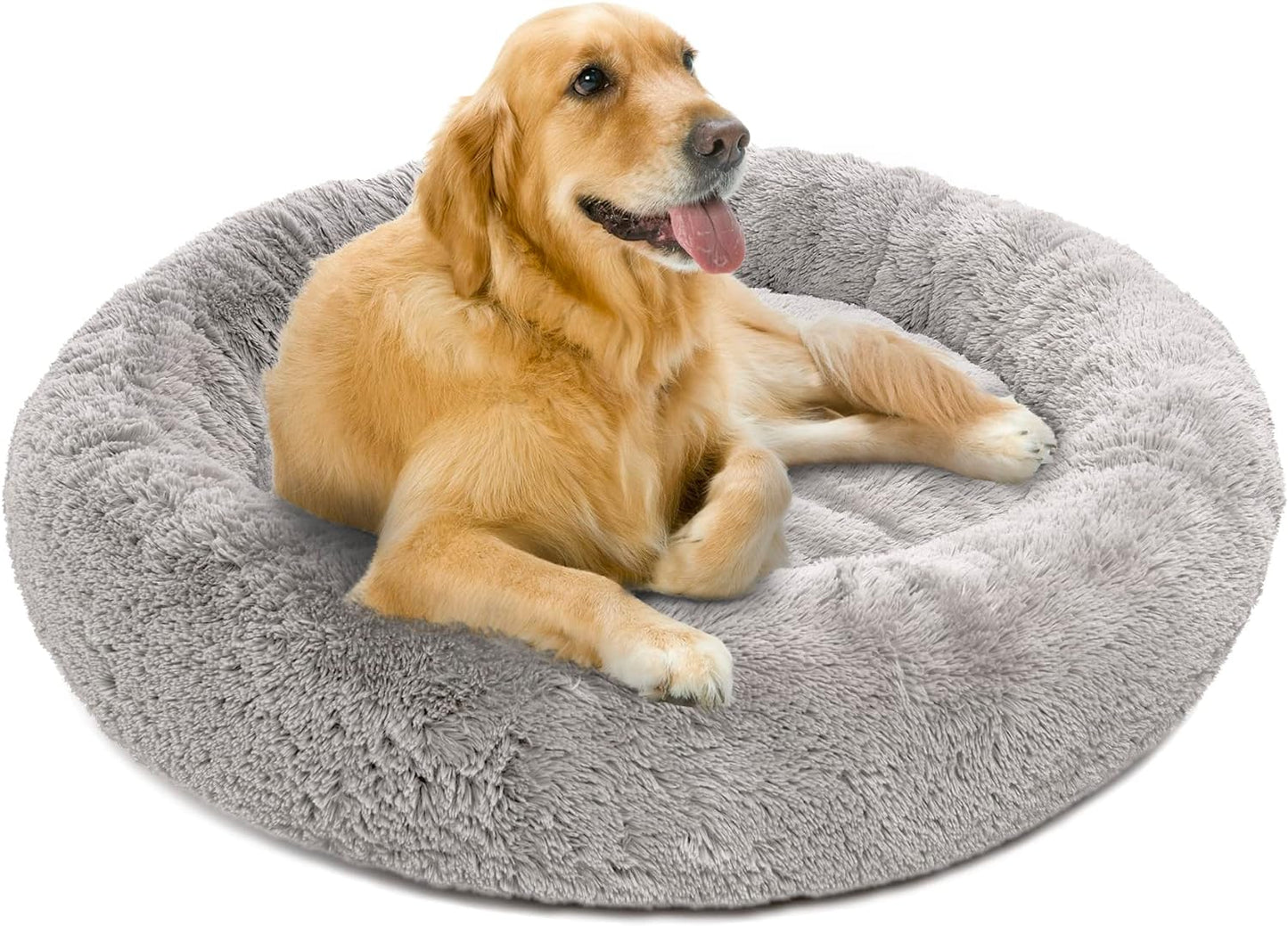 Extra-Large Donut Dog Bed β Ultra-Soft Faux Fur Calming Sofa for Large Dogs, Plush Anti-Anxiety Couch with Non-Slip Bottom, Machine Washable β 36"x36"x8" Grey