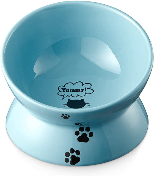 Elevated Ceramic Cat Food Bowl with Tilted Design – Spine-Friendly, Anti-Vomiting & Backflow Prevention, Lake Blue