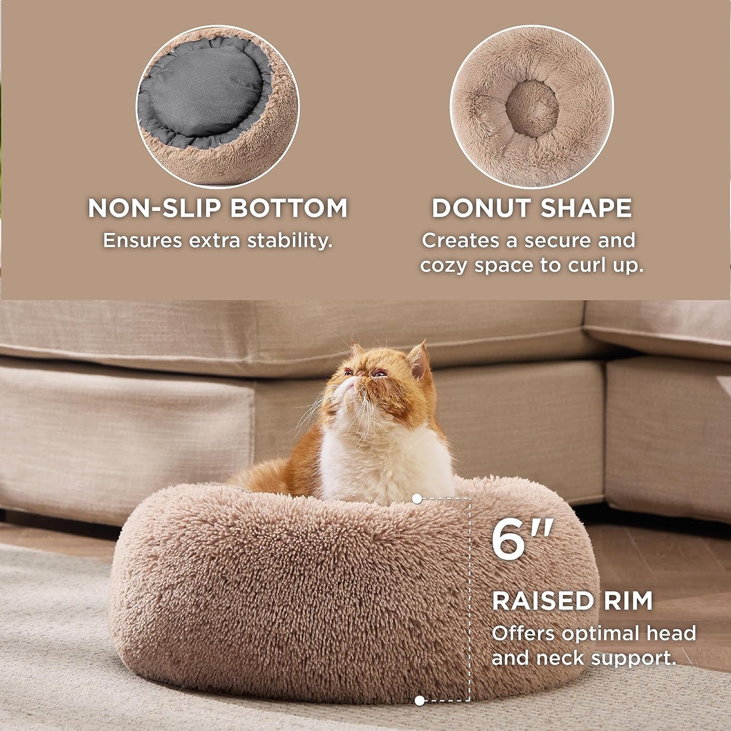 Calming Indoor Cat Bed – Plush Faux Fur Round Pet Bed, 20” Washable with Non-Slip Bottom, Perfect for Cats up to 15 lbs – Cozy Camel Color